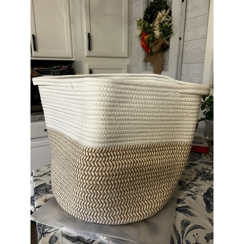 Woven Laundry Storage Basket ROKR Brand New With Handles Two Tone Tan And Cream